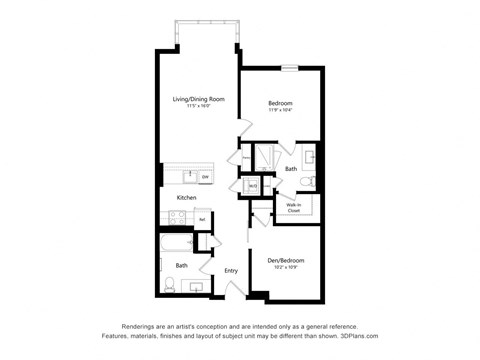 Floor plan for 2 beds, 2 baths, 894 sqft